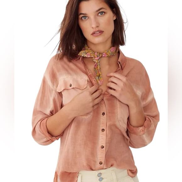 Pilcro Anthropologie Joelle Relaxed Fit Rust Button Down Shirt size small sheer - Picture 1 of 10